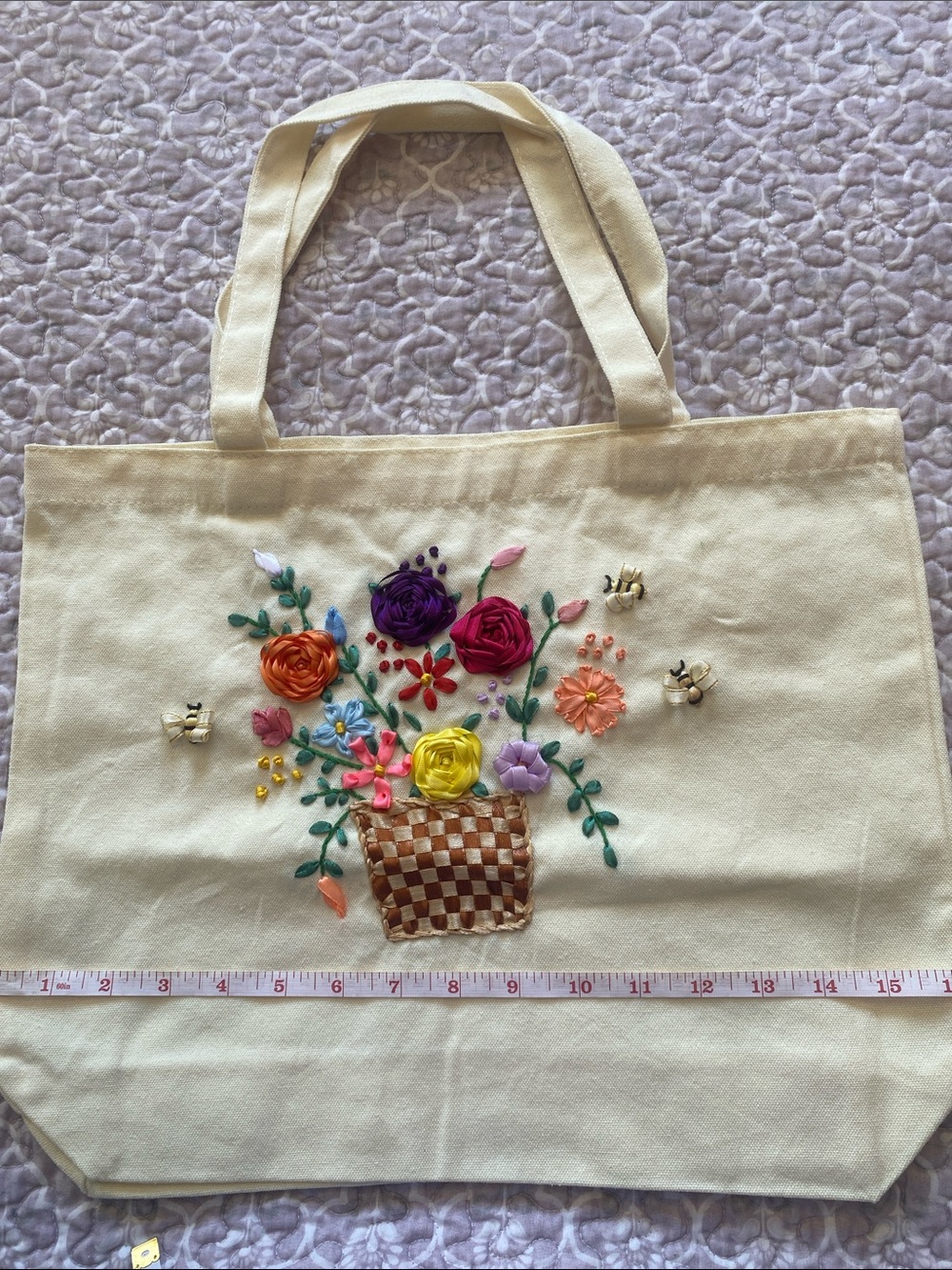 Cream Embroidered Floral Tote Bag